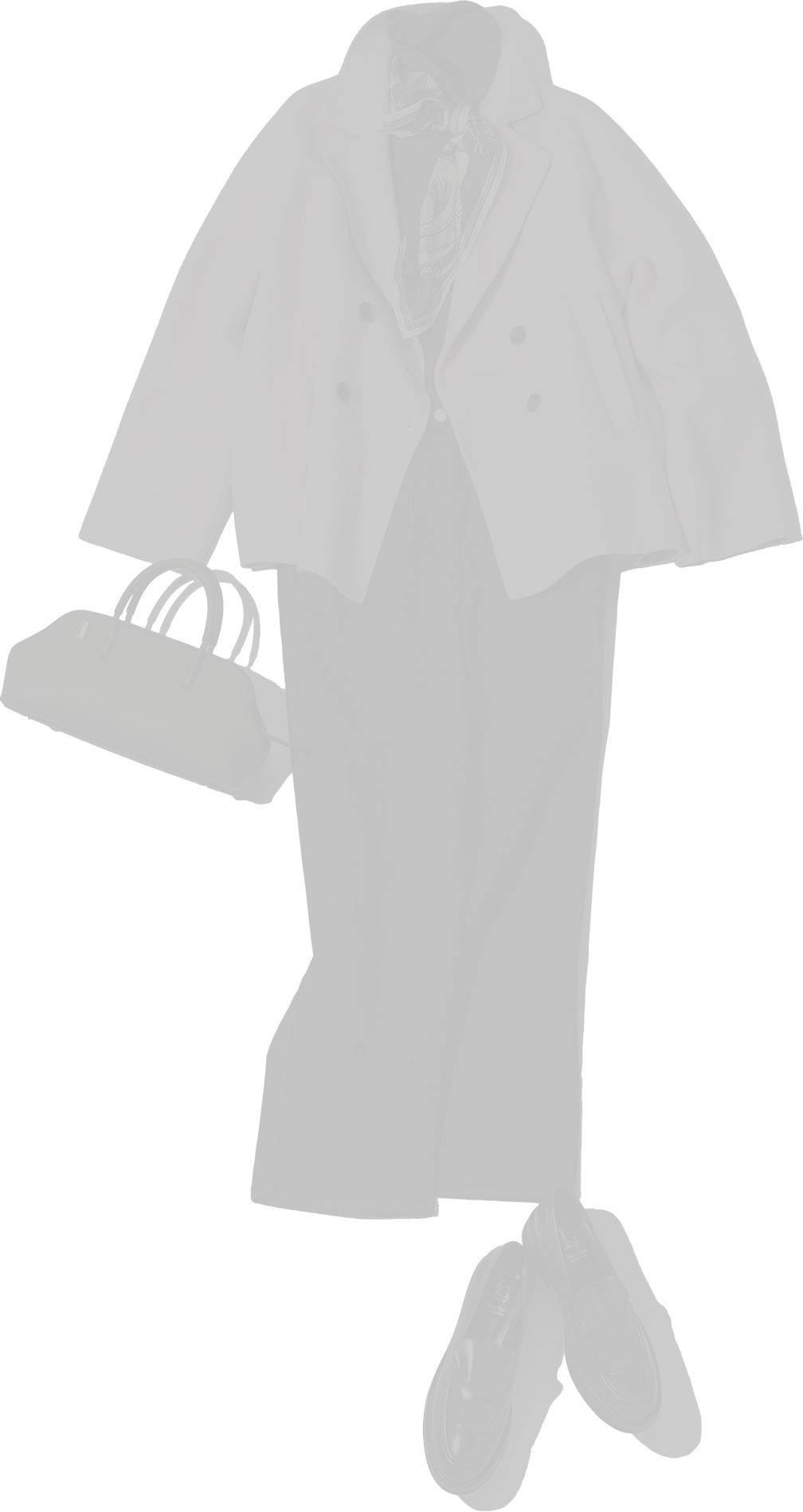 「theory luxe」のコート・ニット・パンツ・「Manipuri」のスカーフ・「Punti.」のバッグ・靴