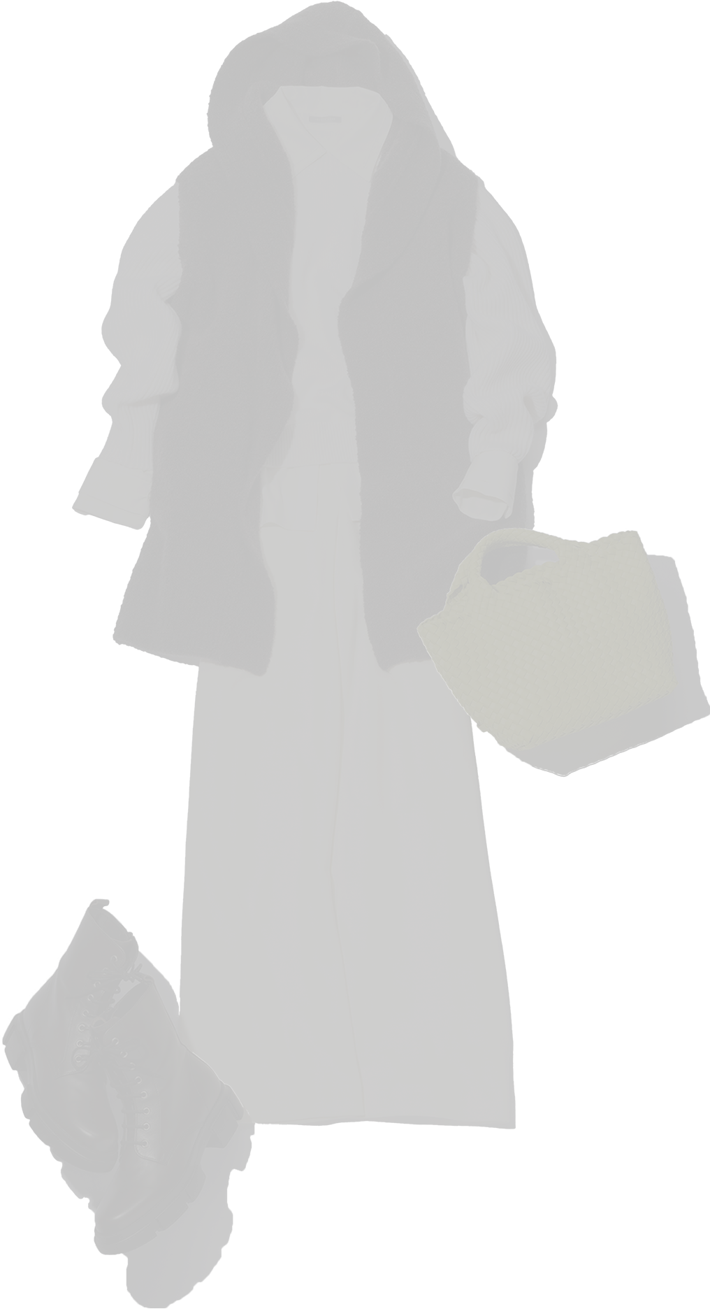 「theory luxe」のコート・ニット・パンツ・「Manipuri」のスカーフ・「Punti.」のバッグ・靴