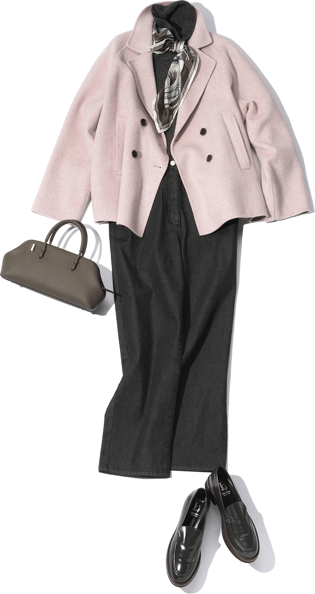 「theory luxe」のコート・ニット・パンツ・「Manipuri」のスカーフ・「Punti.」のバッグ・靴