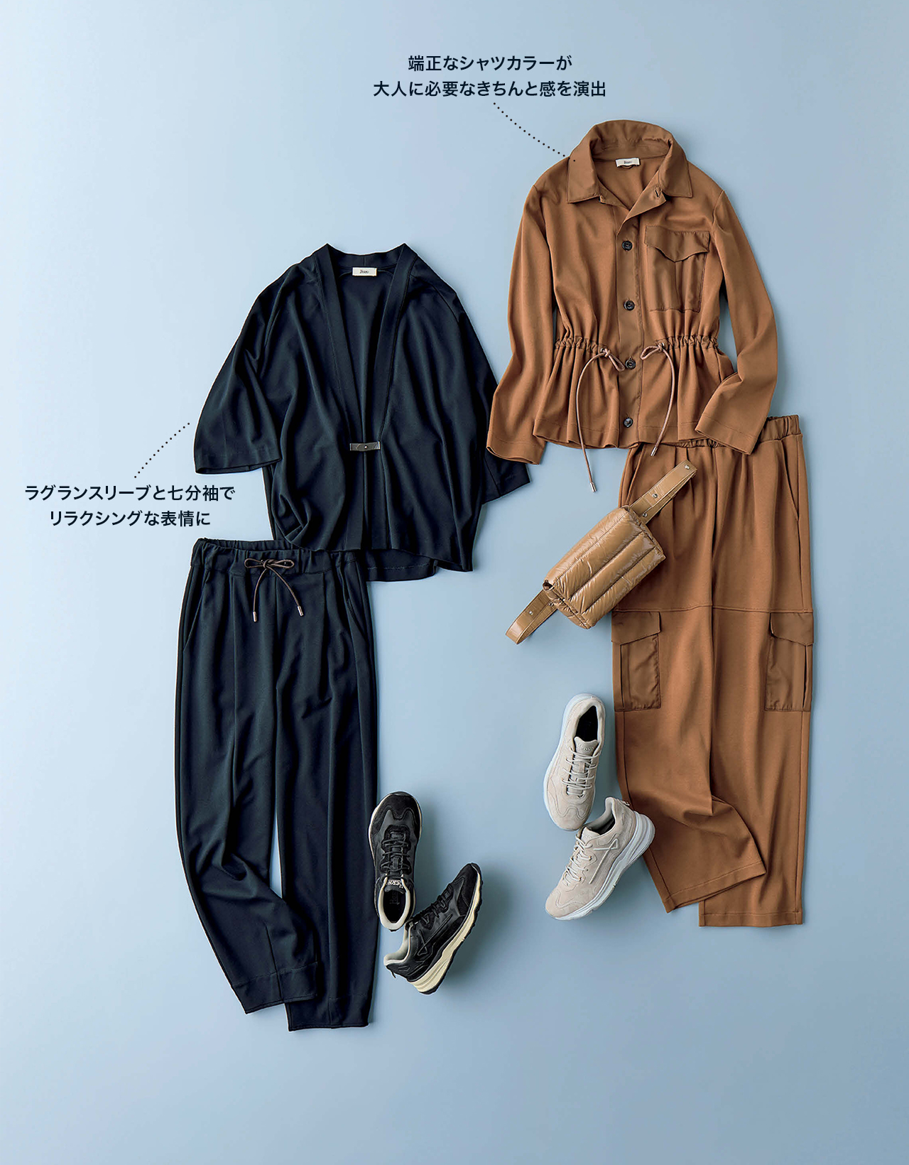 「ヘルノ」コーディネート 端正なシャツカラーが大人に必要なきちんと感を演出 ラグランスリーブと七分袖でリラクシングな表情に