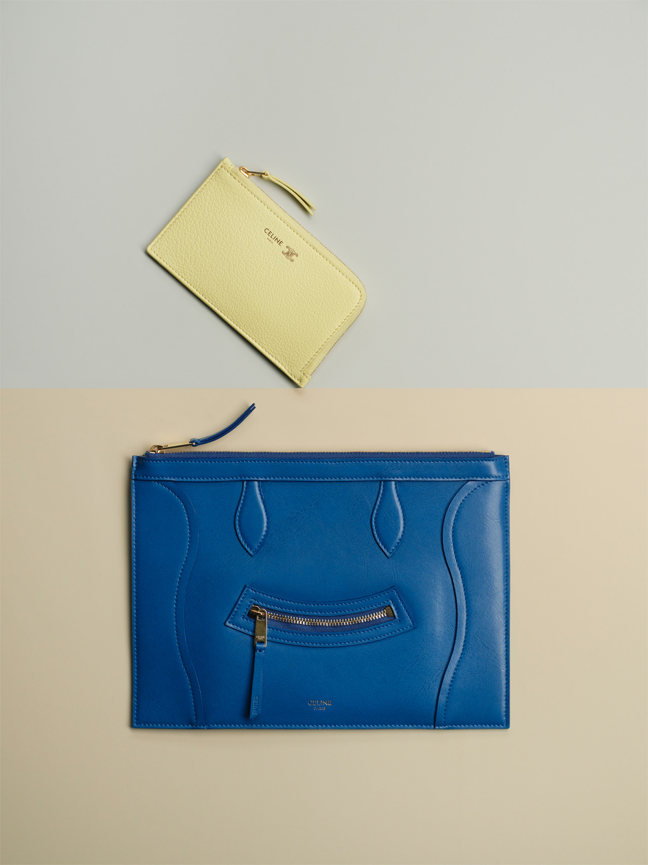 上／カードホルダー『ロング ジップ カードホルダー』・下／ポーチ『ミディアム ポーチ』（セリーヌ ジャパン）