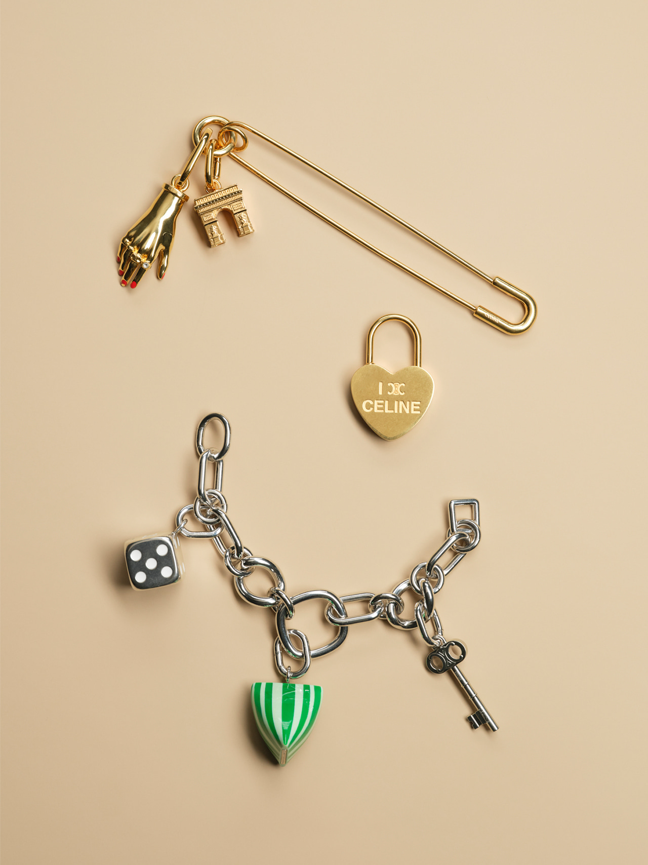 上から／ピンブローチ・チャーム［ハンド］・［凱旋門］・［ハート］・ブレスレット・チャーム［サイコロ］・［キャンディ］・［キー］（セリーヌ ジャパン）
