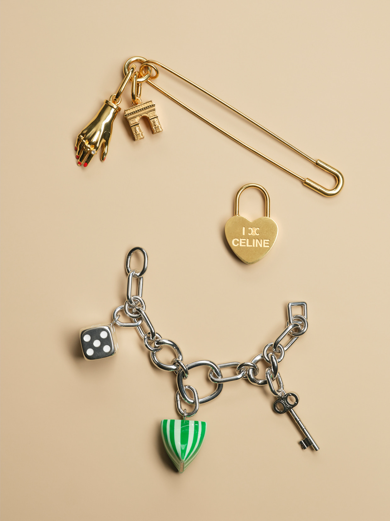 上から／ピンブローチ・チャーム［ハンド］・［凱旋門］・［ハート］・ブレスレット・チャーム［サイコロ］・［キャンディ］・［キー］（セリーヌ ジャパン）