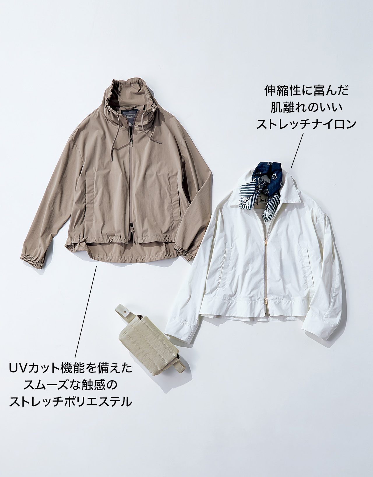 伸縮性に富んだ 肌離れのいい ストレッチナイロン UVカット機能を備えた スムーズな触感の ストレッチポリエステル