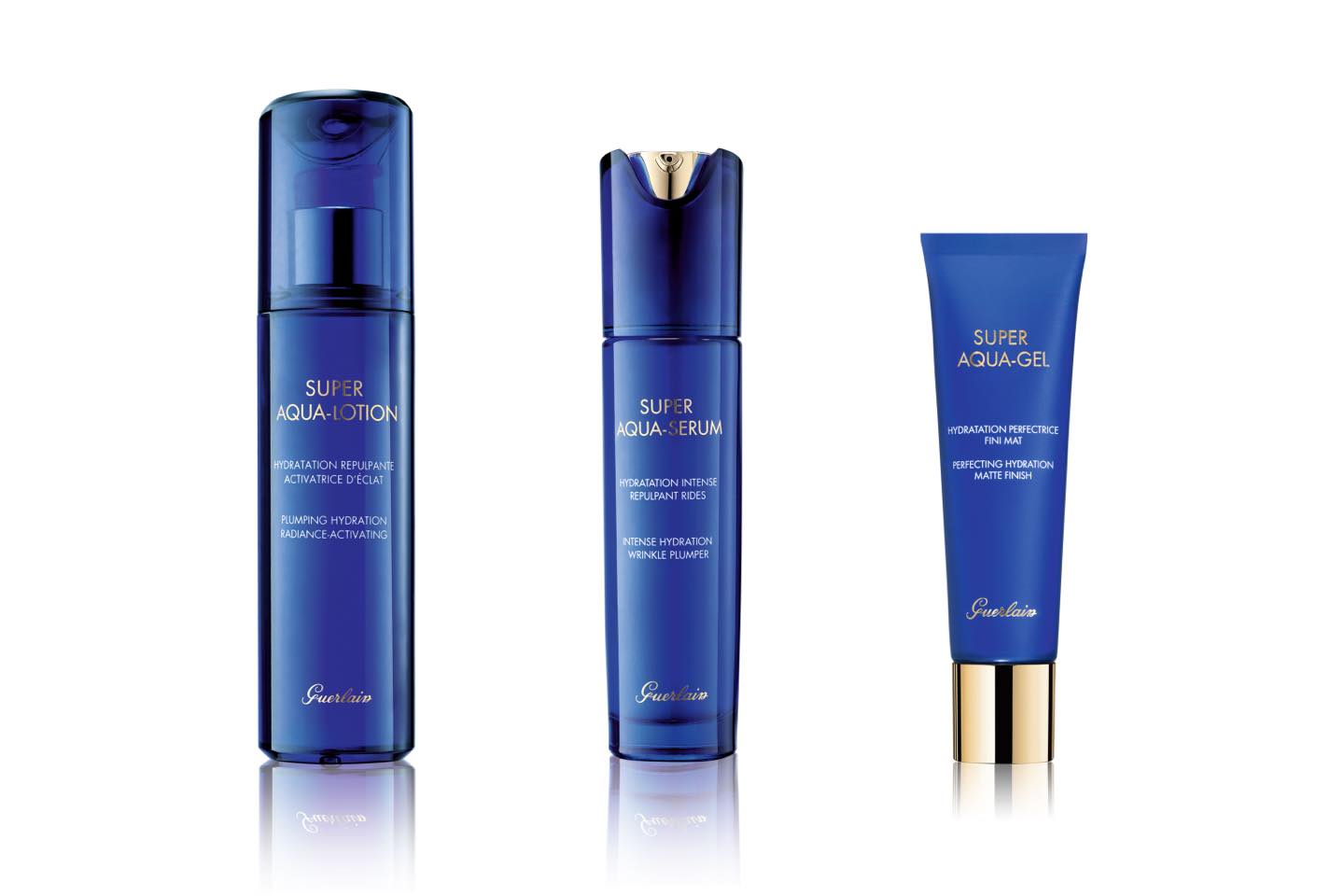 ゲラン スーパー アクア ローション N 150mL ¥6,600、スーパー アクア セロム N 50mL ¥23,700、スーパー アクア ジェル 30mL ¥8,300(2019年5月1日発売)