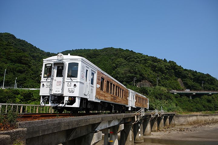 「特急 海幸山幸」の外装。日南市周辺で植林されている「飫肥杉(おびすぎ)」を用いている