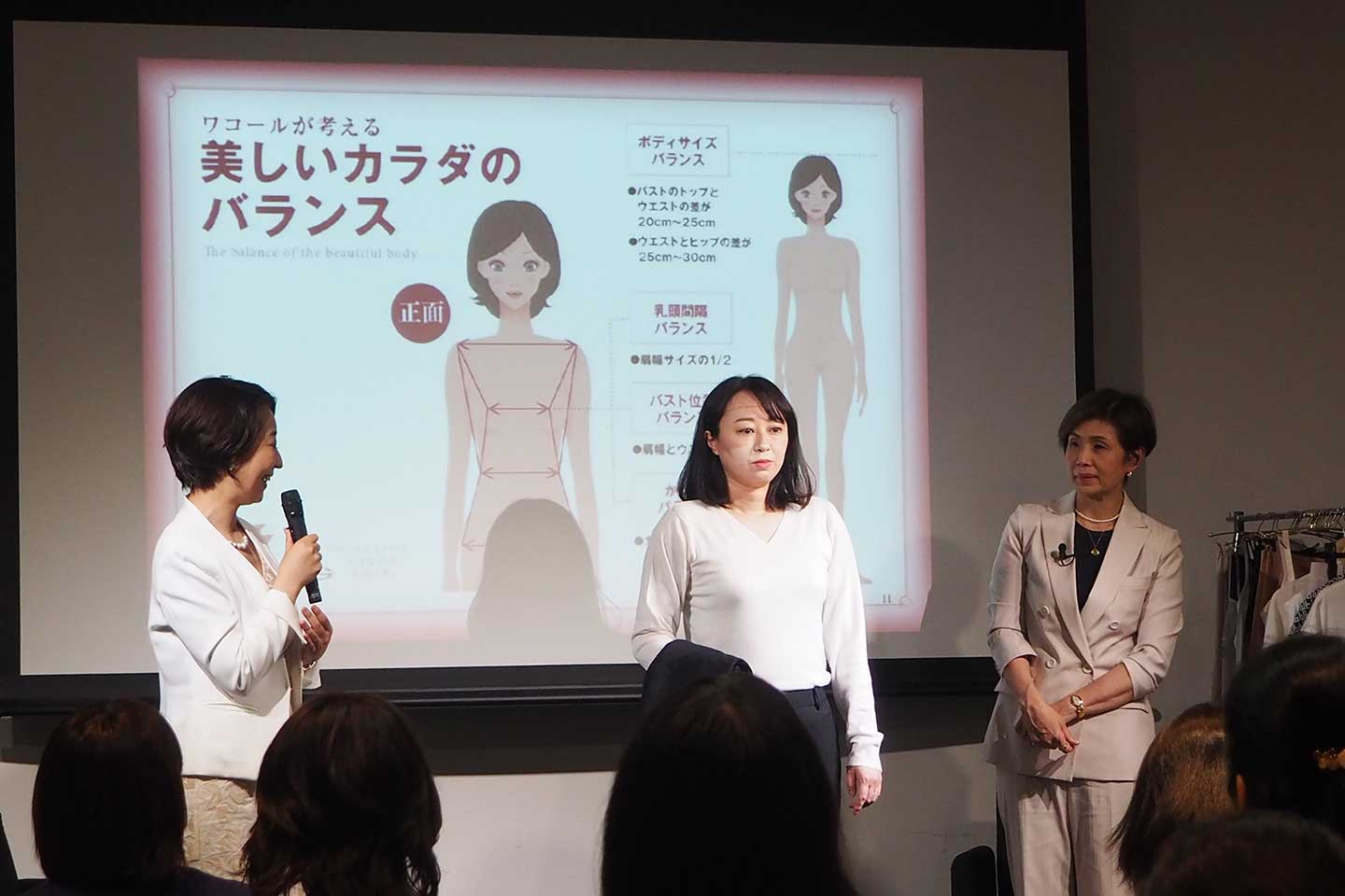 イベントでは、モデルとして、バストの位置が下がり気味、ヒップのボリュームがなくなっているワコールの社員さんが登壇。バストの黄金バランスを学びました。右側がスタイリスト・犬走比佐乃さん