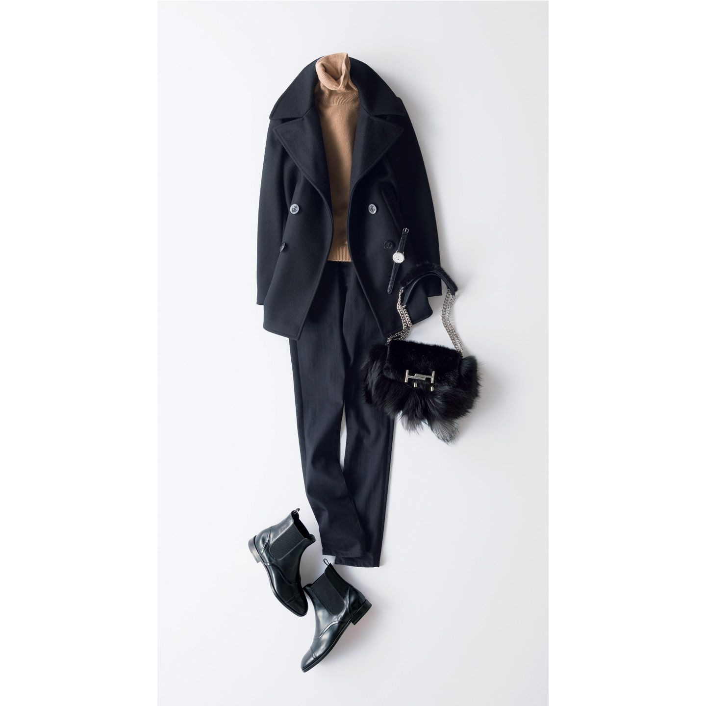 コート・ニット・パンツ(イヴ・サンローラン〈サンローラン〉)、時計(LVMHウォッチ・ジュエリー ジャパン〈ゼニス〉)、バッグ(トッズ・ジャパン)、靴(リエート〈サントーニ〉)