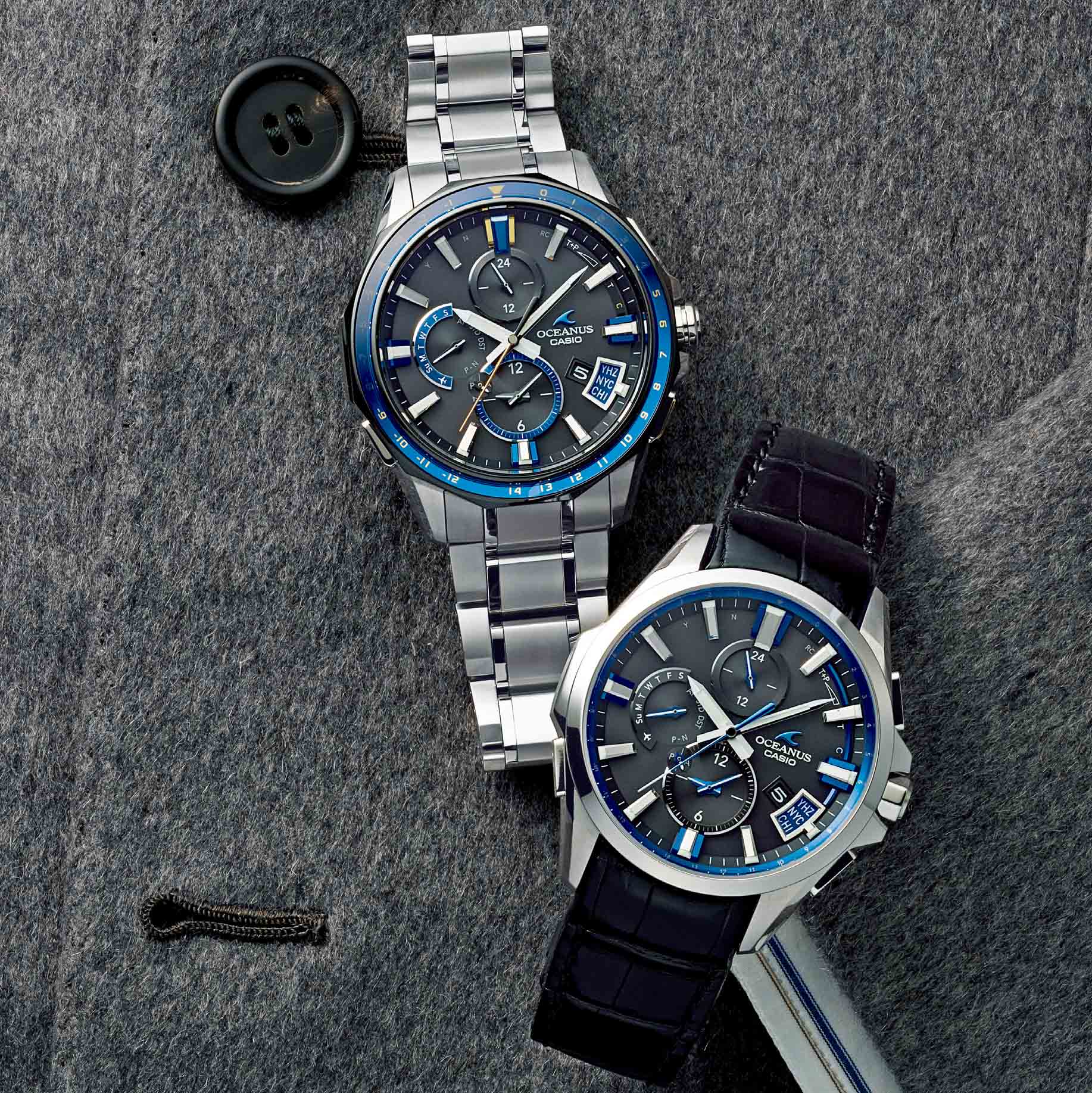 ●GPS衛星電波受信機能 ●電波受信機能(世界6局) ●モバイルリンク機能(対応携帯電話とのBluetooth®通信による機能連動) ●タフソーラー(ソーラー充電システム) ●デュアルカーブサファイアガラス 上『OCW-G2000G』 ●ケース径/46.1mm ●質量/約103g ¥230,000 下『OCW-G2000L』 ●ケース径/46.1mm ●質量/約68g¥200,000(カシオ計算機〈オシアナス〉)