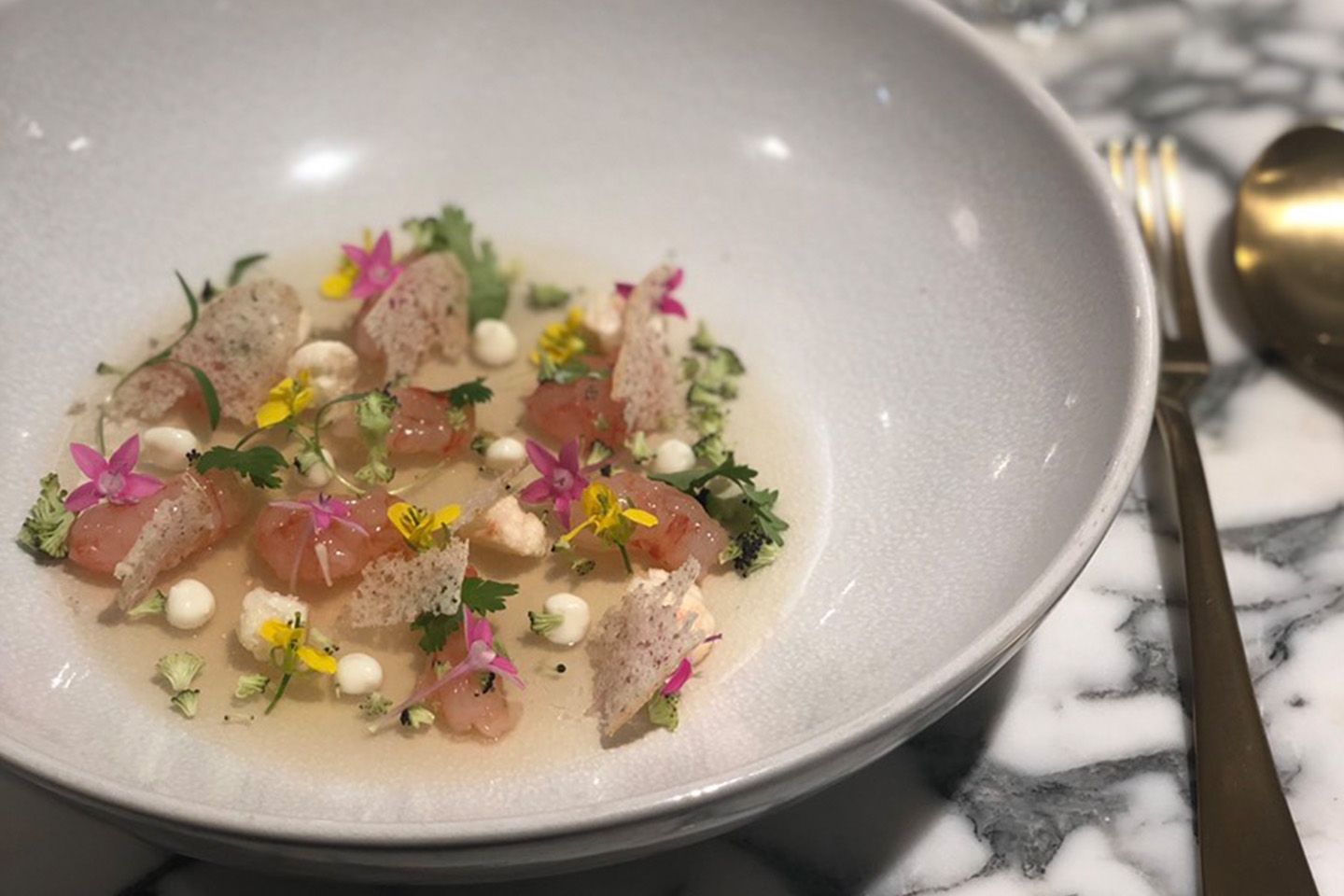 ペアリングディナーの料理から、アミューズに続いて登場する前菜「甘エビのマリネとコンソメのジュレ カリフラワークリーム」。飲むほどに口のなかに米の味わいが広がる「特別純米酒 辛口」が、エビの甘みやコンソメの旨みにマッチします。