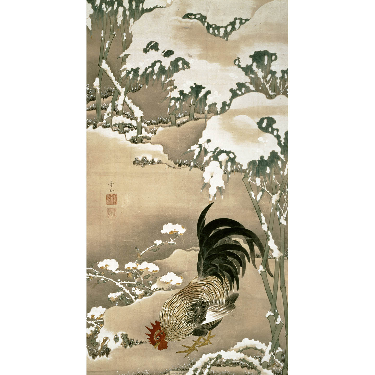 『雪中雄鶏図』伊藤若冲筆
