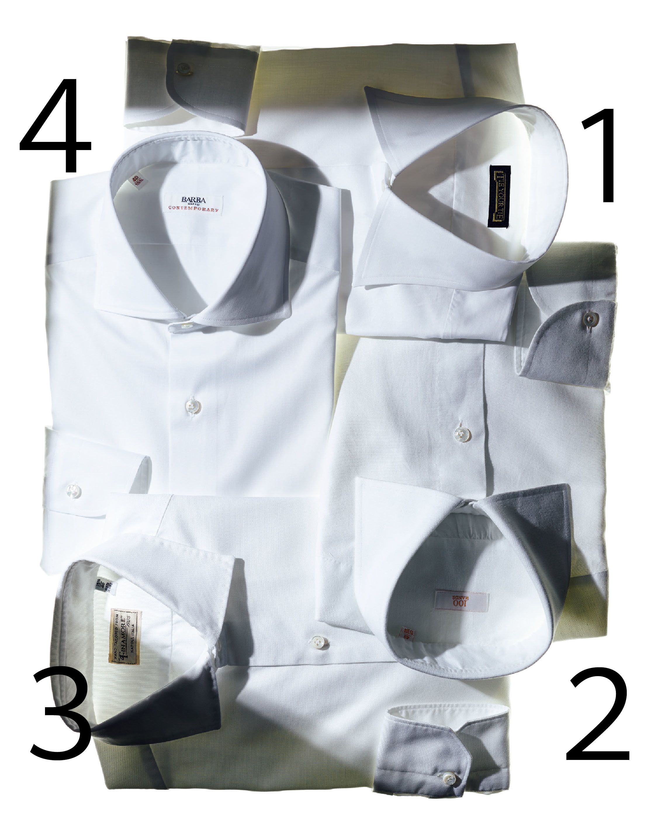 1 Tie Your Tieタイ ユア タイ ハズしの美学を具現化した軽やかなドレスシャツ 薄手で軽やかなブロード製ドレスシャツは、カラーステイを入れずやわらかく仕立てたワイドカラーが魅力。スーツに合わせたときの剣先のハネ感が、実に洒落ているのだ。シルク製のガセットも美しい。¥66,000(タイ ユア タイ 青山) 2 100 Hands ハンドレッドハンズ その名のとおり、常識を超えたハンドメイドシャツ! 〝職人の100の手" を意味するオランダブランド。インドの職人が生地を手裁断し、32か所を手で縫うという、驚きのハンドメイドシャツだ。生地はコットンリネンで、素朴な味わいがある。¥42,000(ザソブリンハウス〈ハンドレッドハンズ〉) 3 Finamore フィナモレ 襟まわりの表情を豊かにするハンドステッチの味 英国製のオックスフォード生地と、ナポリ伝統のハンドメイド技術が融合した、セミワイドカラーのドレスシャツ。製品洗いの仕上げと相まって、手縫いされたソフトな襟の表情が実に味わい深い。¥33,000(アマン〈フィナモレ〉) 4 Barba バルバ 日本人の体型を研究し尽くした動きやすい細身シャツ ナポリの名門ブランドに、日本人の体型に合わせて別注。光沢感あるロイヤルオックスフォード生地と、洗練された細身シルエットの組み合わせは、抜群のバランスだ。¥29,000(バーニーズ ニューヨーク カスタマーセンター〈バルバ〉)