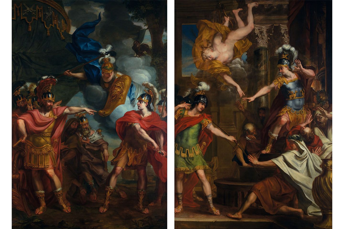左/『A dispute between Achilles and Agamemnon(アキレスとアガメムノンの口論)』、右/『Paris and Apollo kill Achilles, hitting him with an arrow in his heel(パリスとアポロが、アキレスの踵に矢を向け命を狙う)』