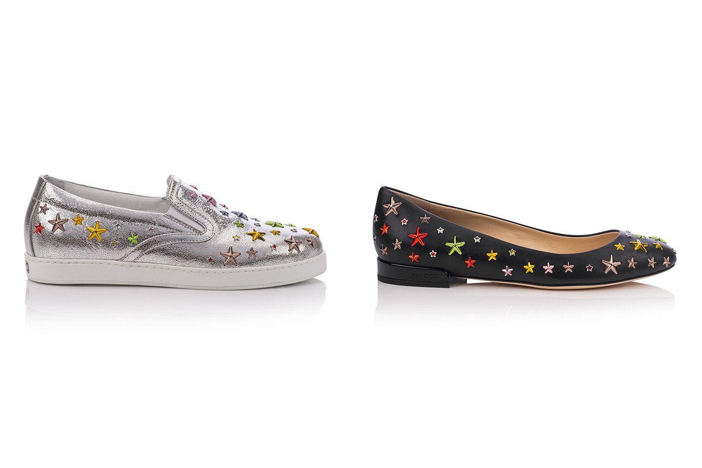 左から/スリッポンスニーカー 「GRACY(グレイシー)」CHAMPAGNE/RAINBOW MIX ¥129,000・バレエシューズ 「JESSIE FLAT(ジェシーフラット)」BLACK/RAINBOW MIX ¥120,000