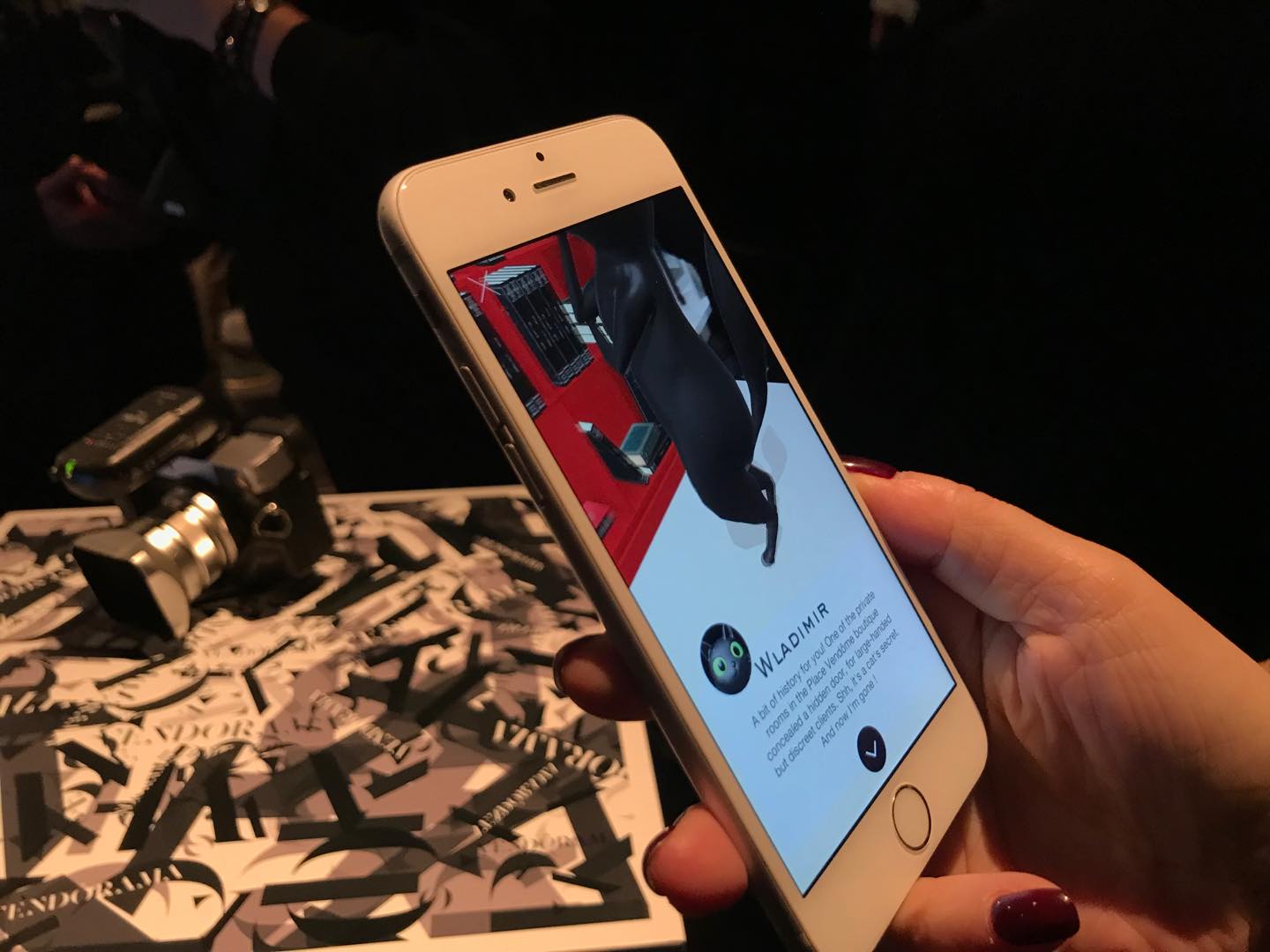 会場に設えられた「ヴァンドラマ」模様の部分にアプリをダウンロードしたスマートフォンをかざすと、猫のヴラジミールが踊り出す!