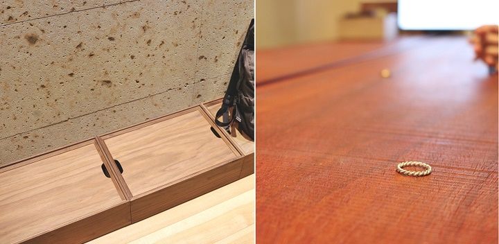 稽古を受けるテーブルの近くには荷物台があります。服装は自由ですが、繊細な作りでできた茶道具を保護するために、身に着けている指輪やアクセサリー類は外します。