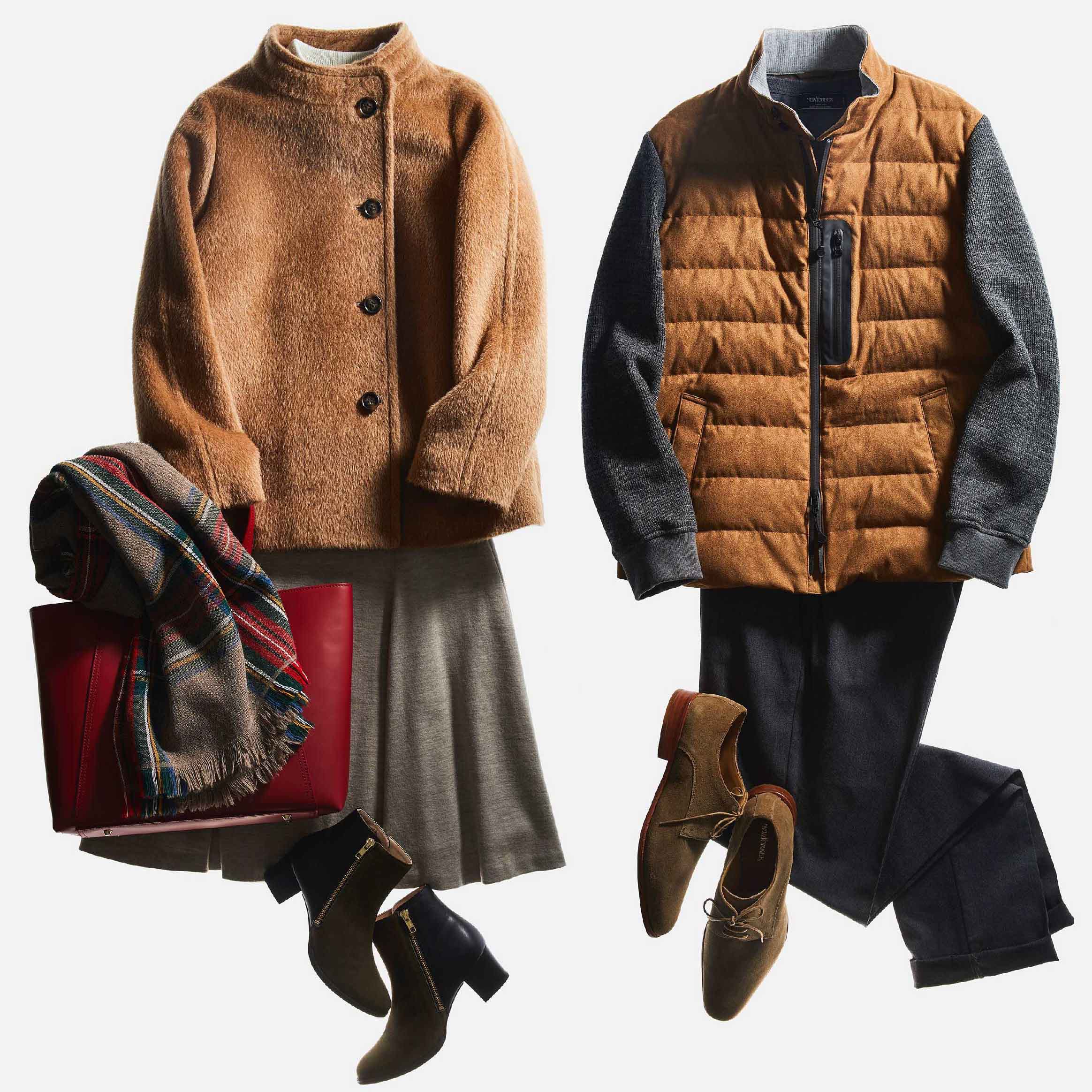 レディスコーデ左/コート¥89,000・ニット¥18,000・スカート¥18,000・ストール8,500・バッグ¥25,000・靴¥22,000
(ダイドーフォワード〈ニューヨーカー〉)