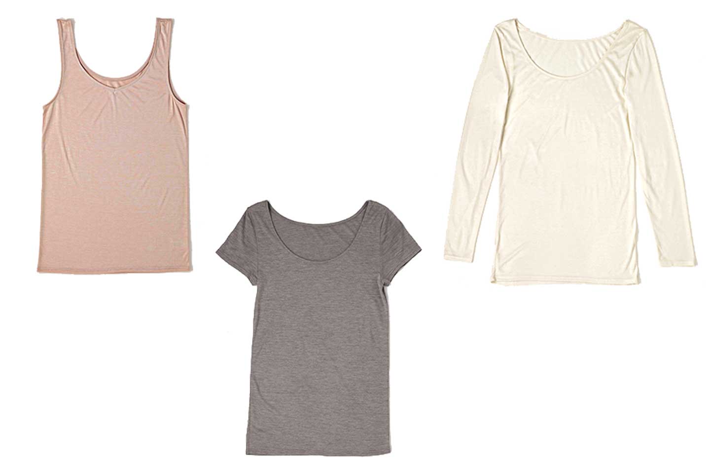 左/タンクトップ¥5,200~・中央/ショートスリーブ¥5,500~・右/ロングスリーブ¥5,900~(ワコール<スゴ衣 洗えるシルク>)