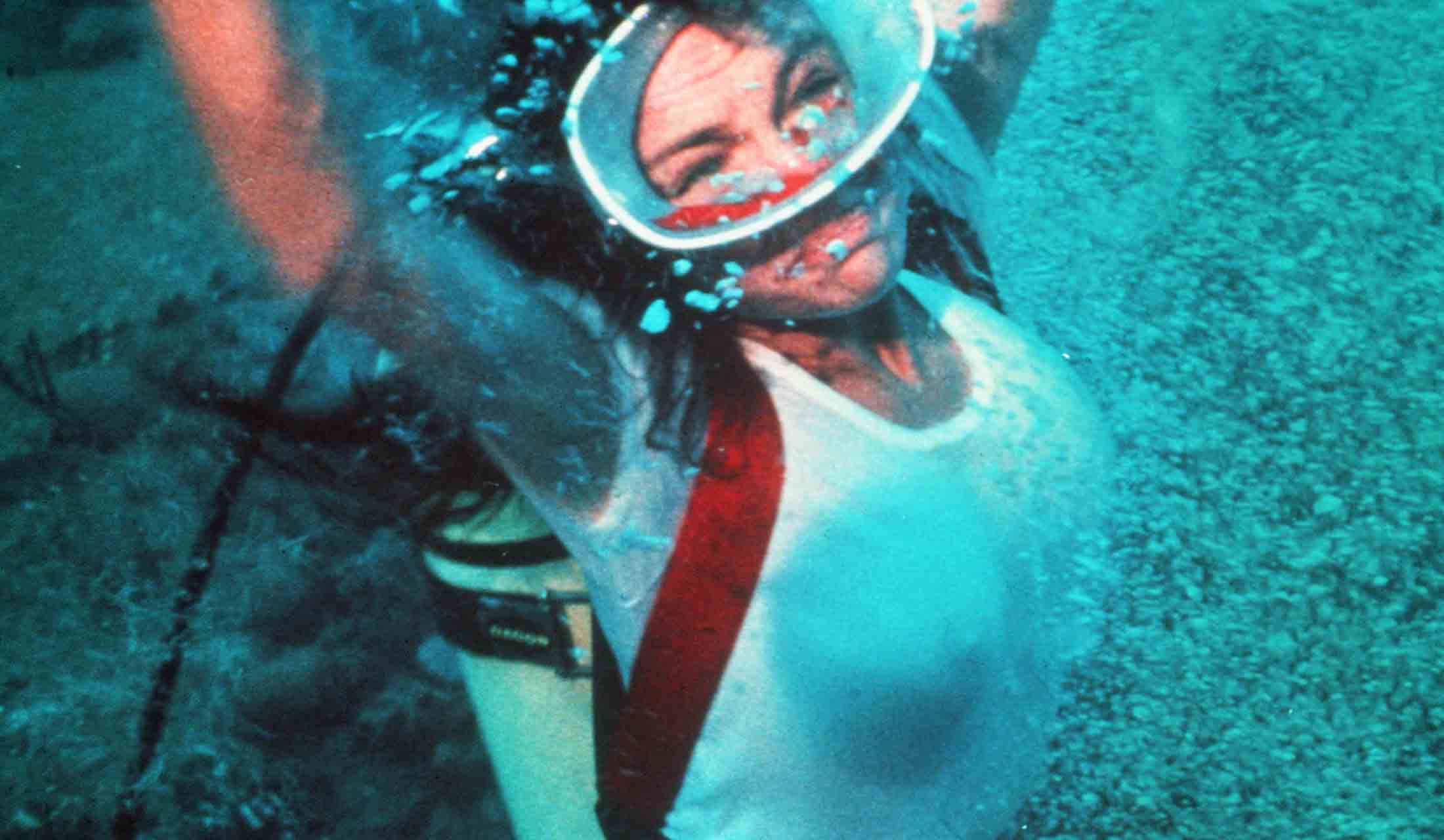 潜水中、ウツボに驚き急浮上するところを夫に止められるジャクリーン。危うく潜水病にかかるところだった。写真:Shutterstock/アフロ