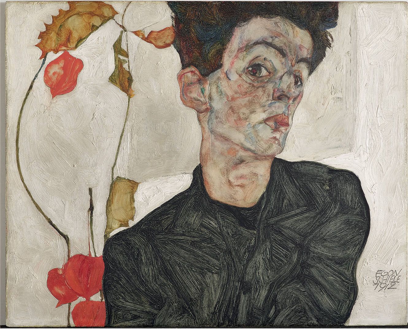 Egon Schiele Self-Portrait with Chinese Lantern Plant, 1912 Oil and gouache on woo 32.2×39.8cm Leopold Museum, Vienna Picture: ©︎Leopold Museum, Vienne