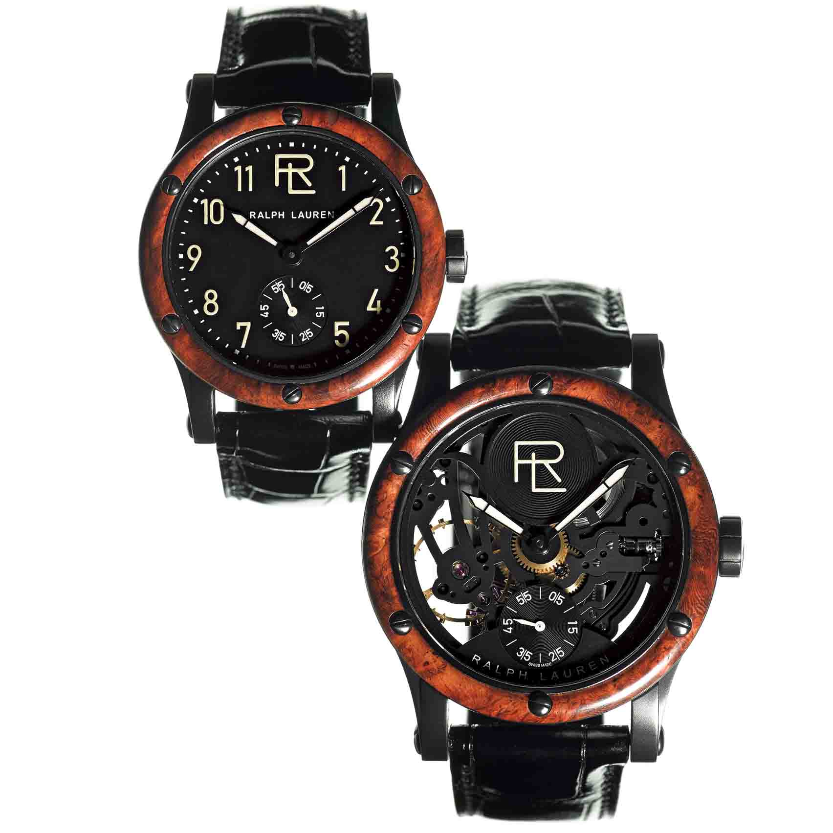 左/『RL オートモーティブ 39MM』●手巻き ●ブラックステンレススティールケース×アリゲーターストラップ ●ケース径/39mm ¥1,550,000右/『RL オートモーティブ スケルトン』●手巻き ●ブラックステンレススティールケース×アリゲーターストラップ ●ケース径/45mm ¥4,900,000(ラルフ ローレン 表参道)