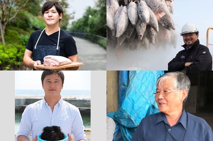 写真左上から時計回りで/【豚肉】山西牧場(茨城県)代表の倉持さん、【マグロ】 臼福本店(宮城県)代表の臼井さん、【牛肉】 ルミノ牧場(広島県)代表の中山さん、【ウニ】 ひろの屋(岩手県)代表の下荢坪さん