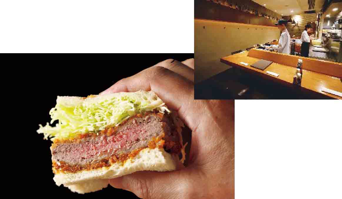 最高ランクの黒毛和牛の切り落としでつくるメンチカツを使ったサンドイッチ。軽く握ると、肉汁がじわじわとあふれてくる。店内でメンチカツを供するが、メンチカツサンドはテイクアウトのみ。