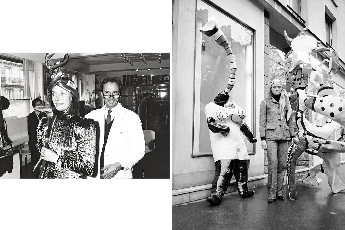 左/ディオールのアトリエでフィッティング中のニキ・ド・サンファルとマルク・ボアン。1968年頃。© Droits réservés 右/マルク・ボアンによるディオールをまとったニキ。周囲にあるのは彼女の作品。© Keystone France/Gamma-Rapho © ADAGP Paris, 2018