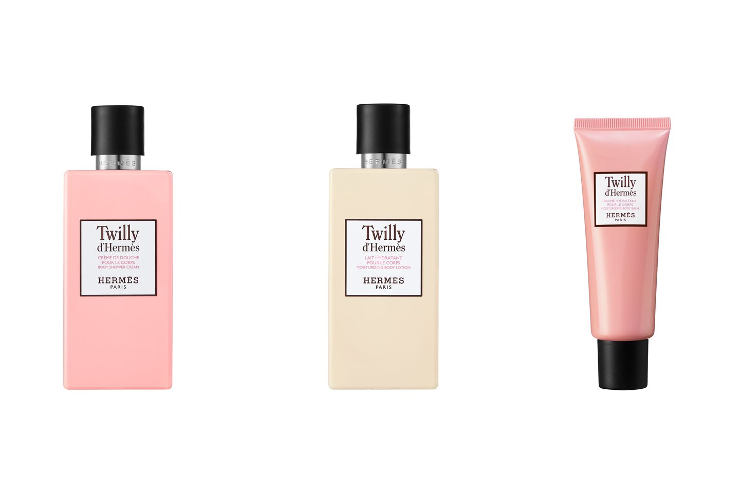 左から/ボディー シャワークリーム 200ml ¥6,600・モイスチャライジング ボディーローション 200ml ¥7,200・モイスチャライジング ボディーバーム 40ml ¥5,100 ©Hermès