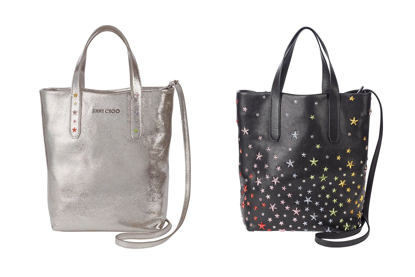 左から/トートバッグ 「SOFIA N/S(ソフィア ノースサウス)」CHAMPAGNE/RAINBOW MIX ¥172,000・BLACK/RAINBOW MIX ¥249,000