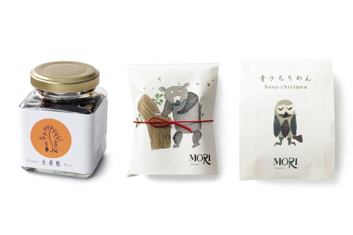 左から/生姜糀¥1,080(税込)・傳スケ飴¥788(税込)※在庫なくなりしだい販売終了・季節限定の青さちりめん¥540(税込)