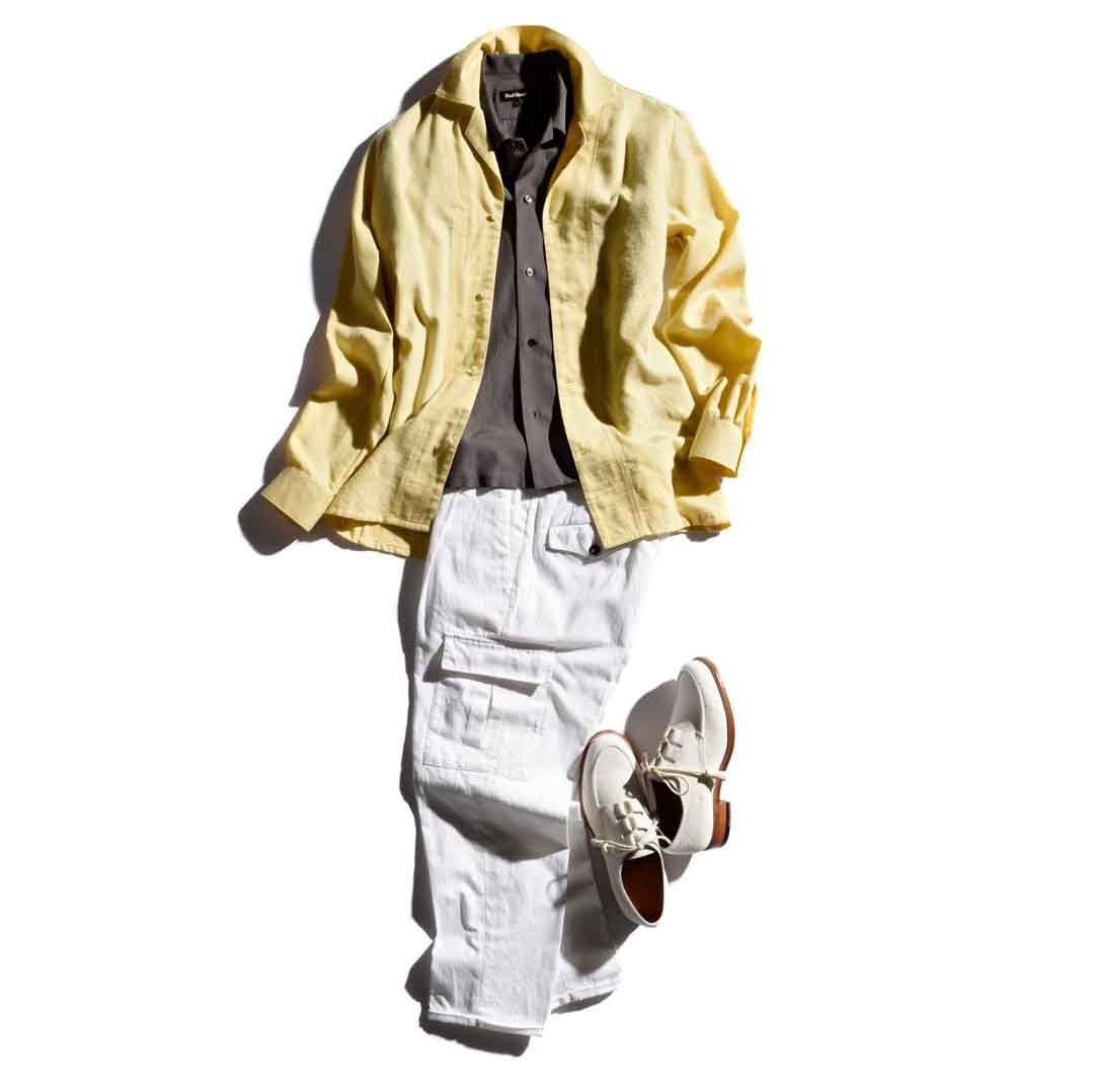 シャツジャケット¥39,000(マラケシュライフ)、シャツ¥21,000(ポール・スチュアート 青山店)、パンツ¥39,000(ピーティージャパン〈ピーティーゼロウーノフォワード〉)、靴¥68,000(三陽山長 日本橋髙島屋S.C.店)