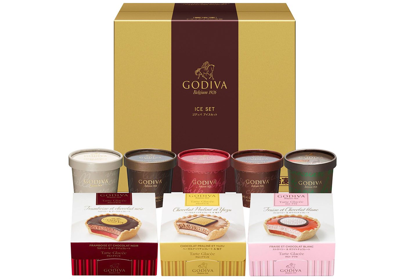 「アイスギフトセット カップアイス5個&タルト3個」¥5,400(税・送料込)※価格はドライアイス、箱代、送料等を含む。(タルトグラッセの単品販売はなし)