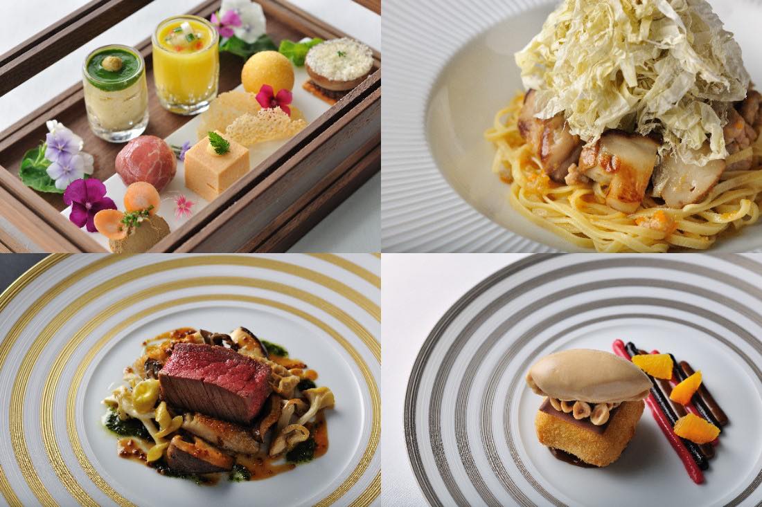 左上から時計回りに、彩り豊かな小さな前菜、豚肉のラグーとおぼろ昆布のタヤリン、濃厚なクレマフリッタとプラリネのジェラート、落ち葉に隠れた牛肉と茸のカルトッチョ。