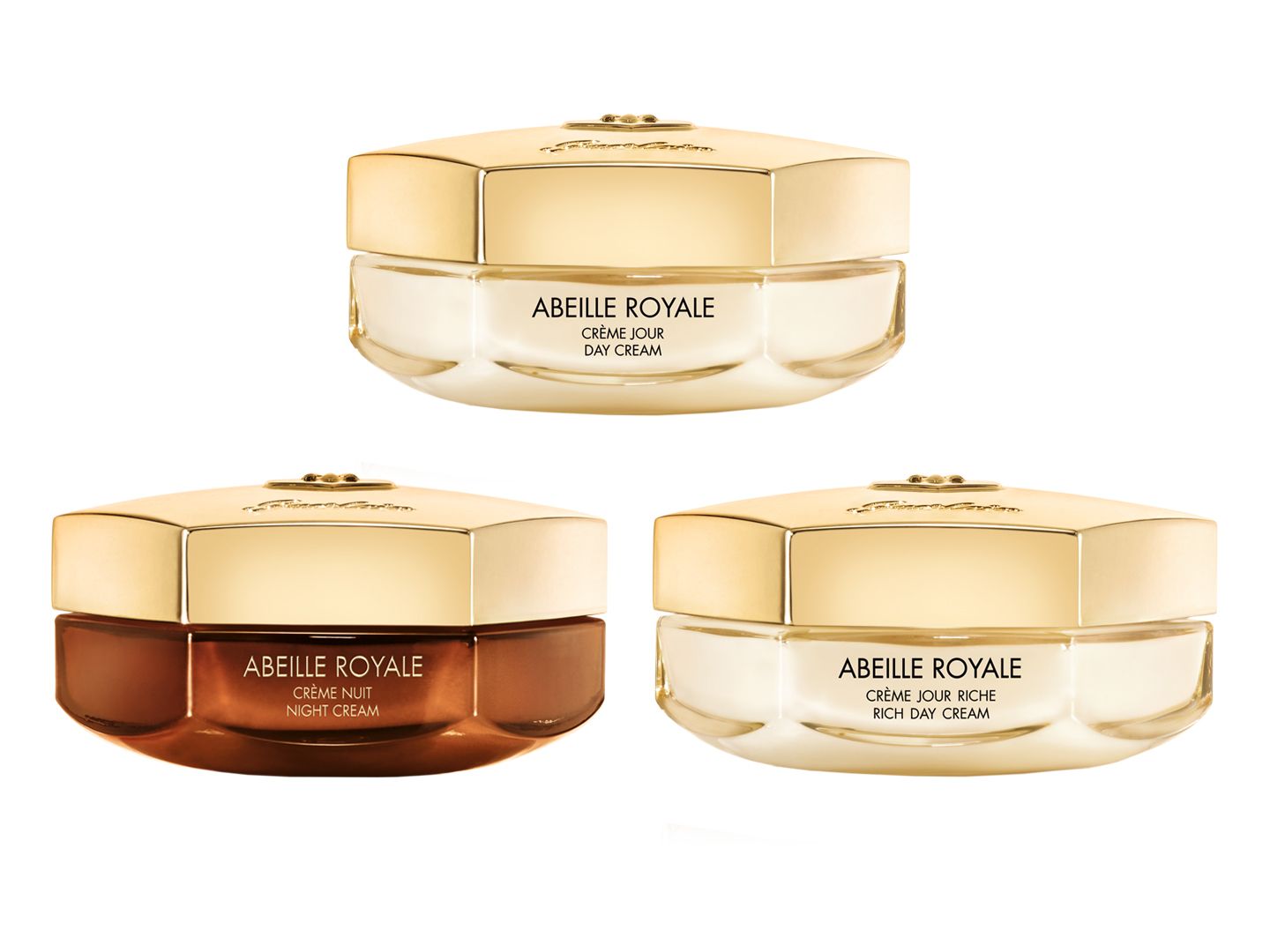 上段/ゲラン アベイユ ロイヤル クリーム50ml ¥17,700、下段左から/ゲラン アベイユ ロイヤル ナイトクリーム50ml ¥20,800、ゲラン アベイユ ロイヤル リッチクリーム 50ml ¥17,700