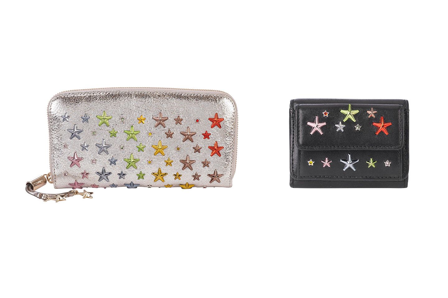 左から/長財布「FILIPA (フィリパ)」CHAMPAGNE/RAINBOW MIX ¥115,000・三つ折り財布 「NEMO(ネモ)」BLACK/RAINBOW MIX ¥60,000