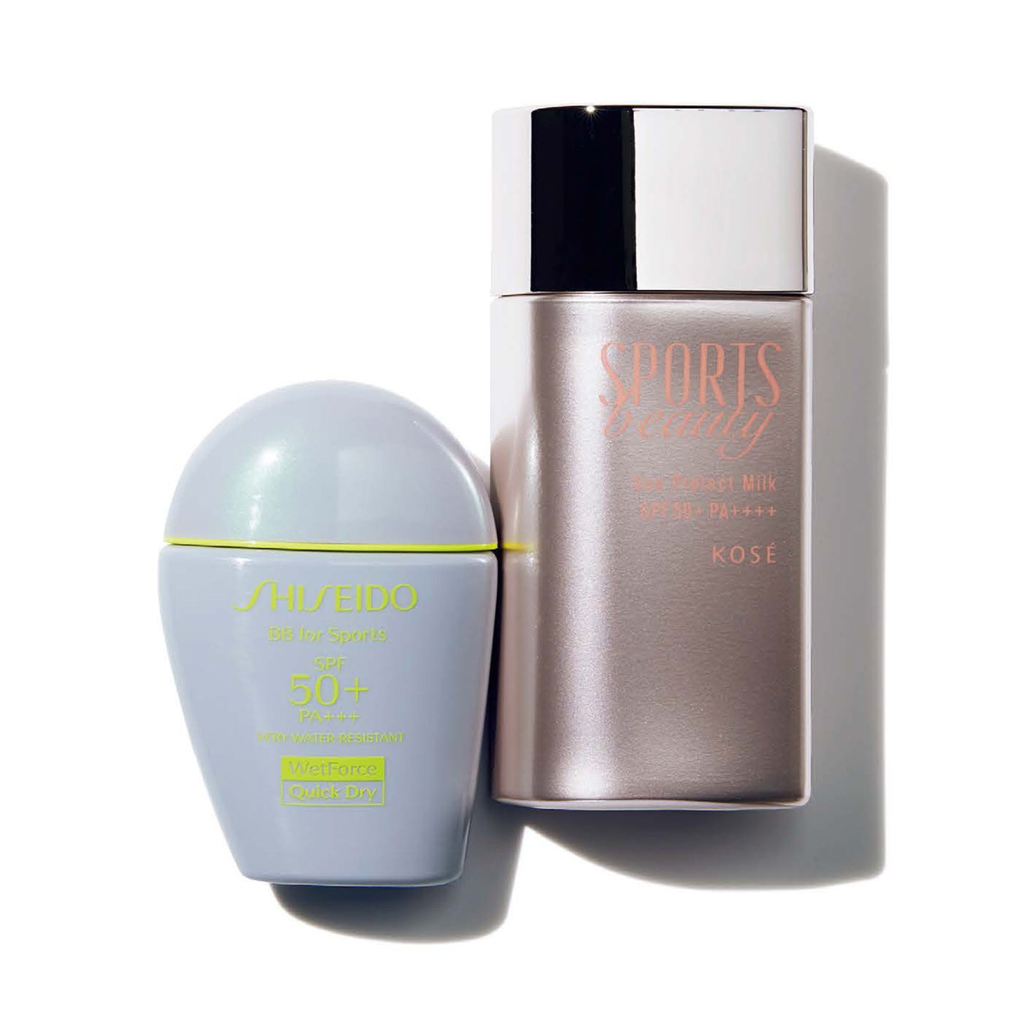 左から/資生堂 BB フォー スポーツ QD SPF50+・PA+++ 全3色 30ml ¥4,200、コーセー スポーツ ビューティ サンプロテクト ミルク SPF50+・PA++++ 60ml ¥2,400(編集部調べ)