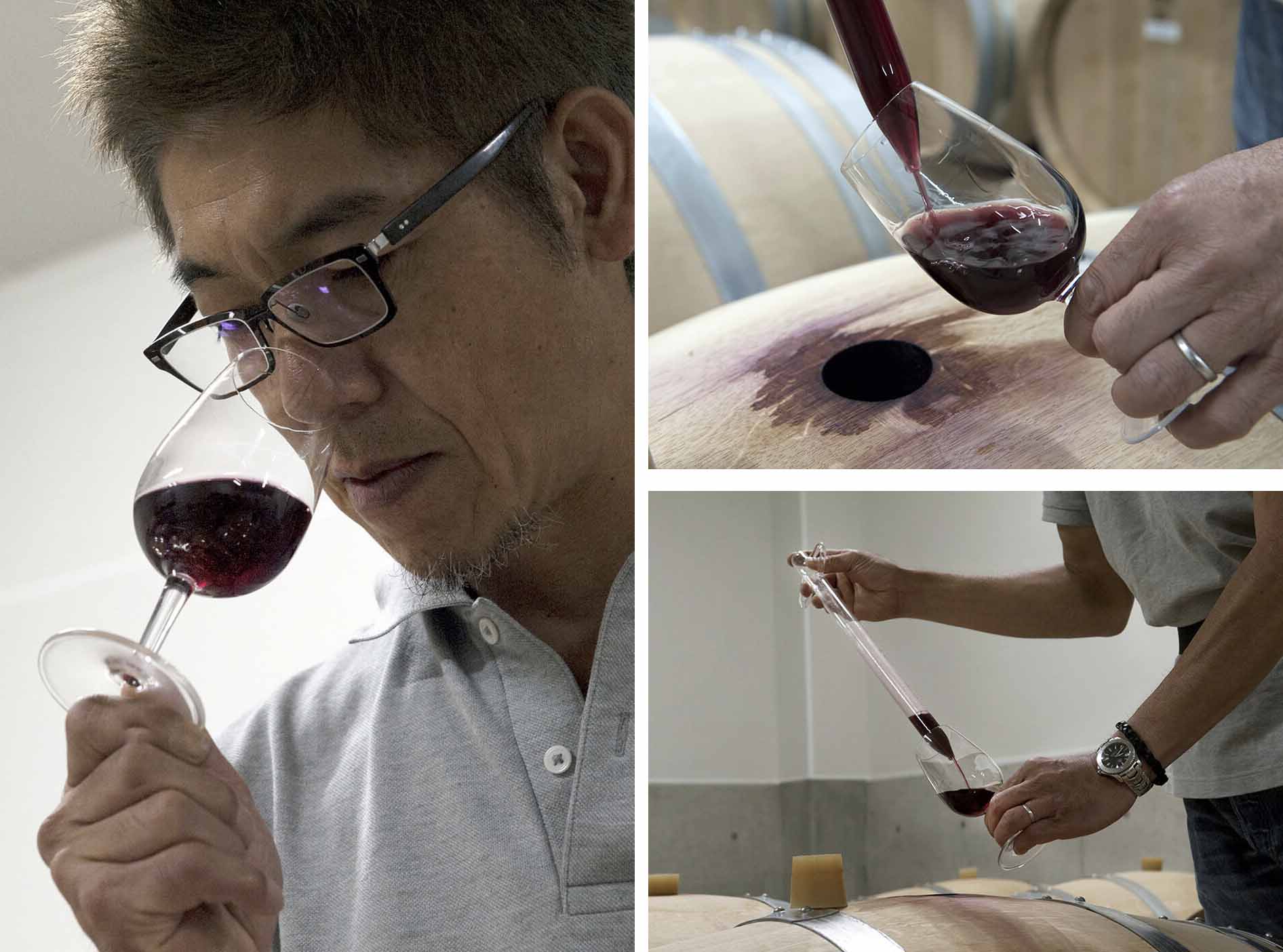 【信州たかやまワイナリー】の醸造責任者 鷹野永一さんが現在のワインの状況をチェックするため、定期的に確認。