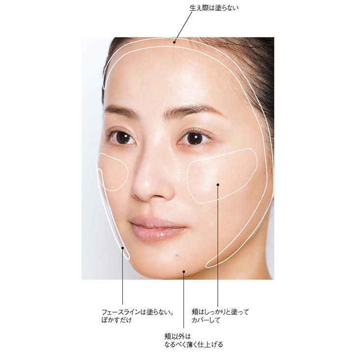 生え際は塗らない、フェースラインは塗らない、ぼかすだけ。頬はしっかりと塗ってカバー、頬以外はなるべく薄く仕上げる。