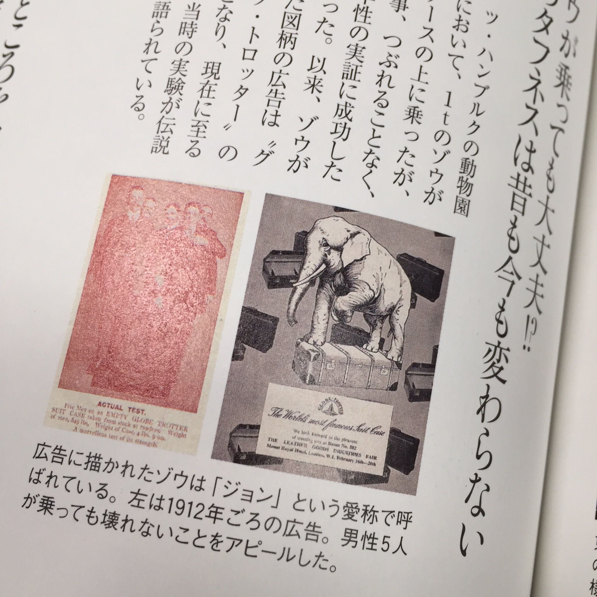 1900年のグローブ・トロッターの広告。「ジョン」という愛称の1トンの象が実際に乗っても壊れなかったという(MEN'S Precious2010年冬号より)