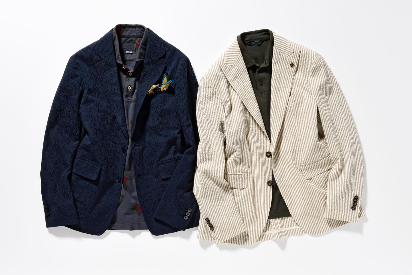左/ジャケット¥49,000(トゥモローランド)、ポロシャツ¥20,000(カヴァレリア〈ヘリテージ〉)、チーフ¥7,800(ニッキー〈シップス 銀座店〉)右/ジャケット¥82,000(ビームス 六本木ヒルズ〈タリアトーレ〉)、ポロシャツ¥29,500(スローウエアジャパン〈ザノーネ〉)