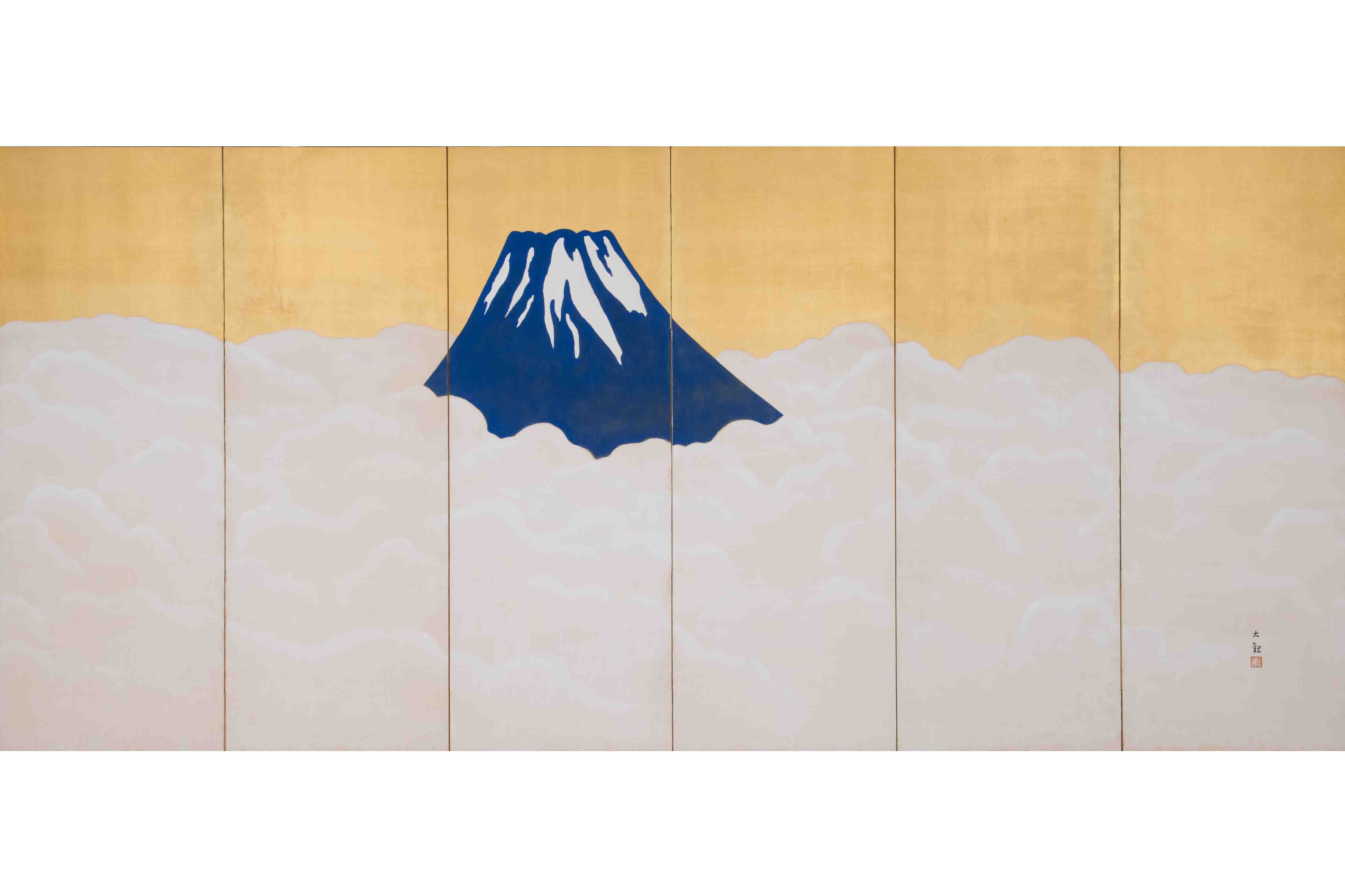 横山大観 《群青富士》(右隻) 1917年ごろ 六曲一双、絹本金地彩色 各176.0×384.0cm 静岡県立美術館蔵 東京展:4月13日〜5月6日展示 京都展:7月3日〜22日展示