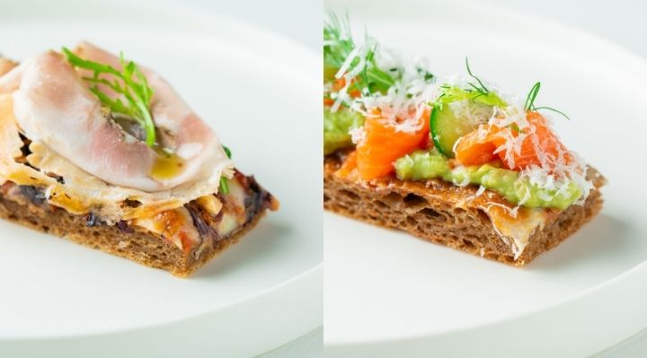 写真左より／「Porchetta（ポルケッタ）」トマトソース／ローストポーク／季節の有機野菜 ￥680・「Salmone（サルモネ）」アボカドソース／サーモン／ディル ￥780