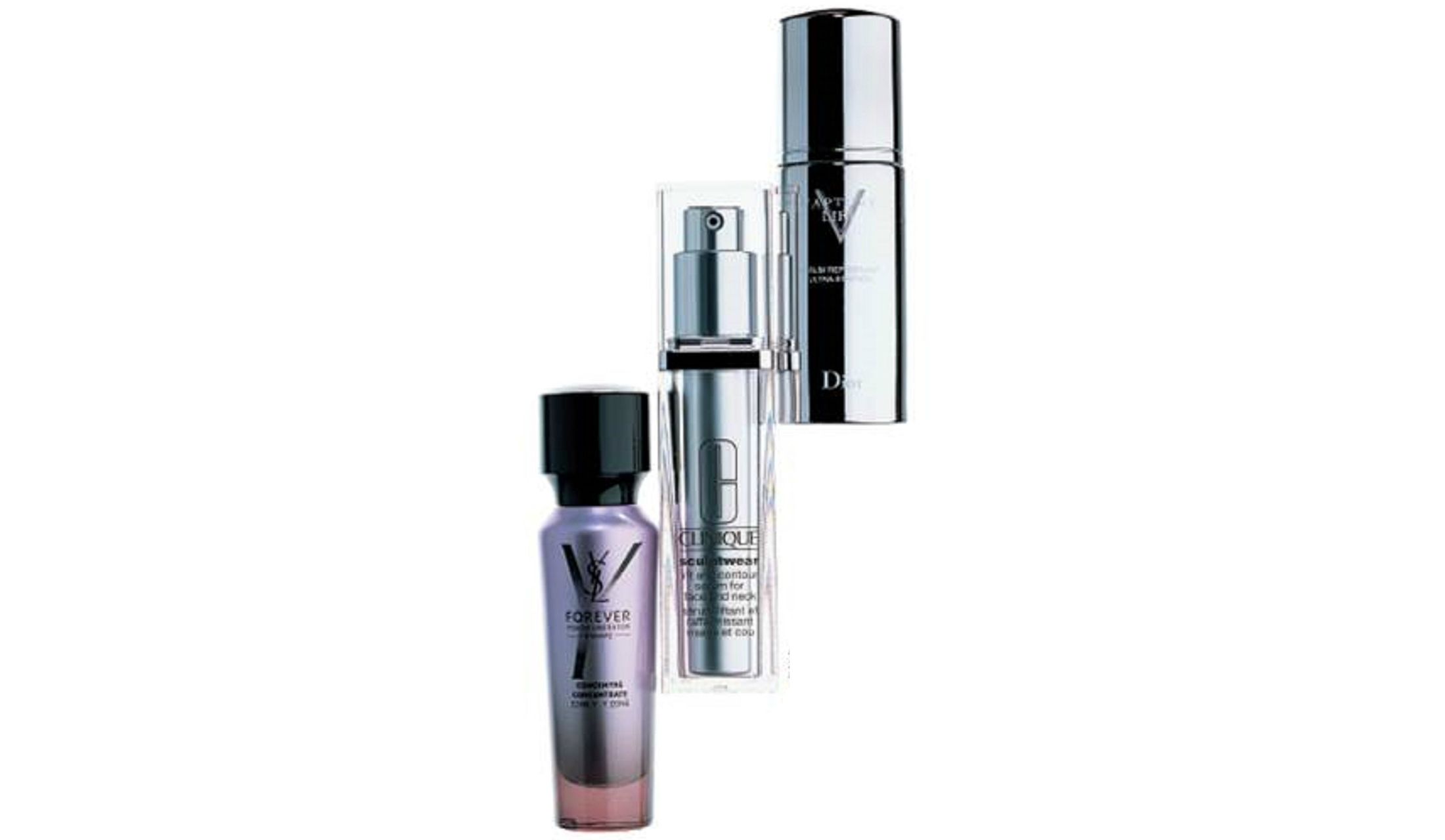 【左】イヴ・サンローラン・ボーテフォーエバー リブレイターYセラム(30ml¥16,000/税抜)、【中央】クリニーク スカルプトウェア モイスチャーリフト セラム(30ml ¥8,5000/税抜)、【右】パルファン・クリスチャン・ディオール カプチュール リフト セラムL(30ml ¥13,000/税抜)