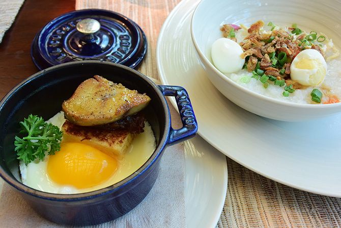 「サワーテラス」名物の朝食、「フォアグラ・ココット」。朝から豪勢! 「エッグベネディクト」もシェフズクリエイティブメニュー