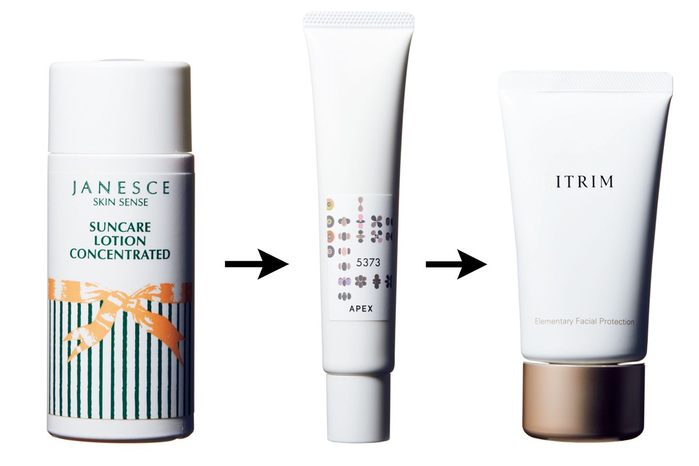 左から/メイムプロダクツ ジャネス サンケアローション 60ml ¥6,500、ポーラ アペックス シールド 5373 SPF50・PA++++ 45g ¥10,000、ITRIM エレメンタリー フェイシャルプロテクション SPF45・PA++++ 80g ¥12,000