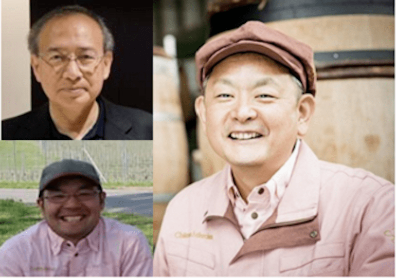 右/チーフワインメーカー安蔵光弘氏、左上/シニアワインメーカー藤野勝久氏、左下/椀子ワイナリー佐々木文平氏