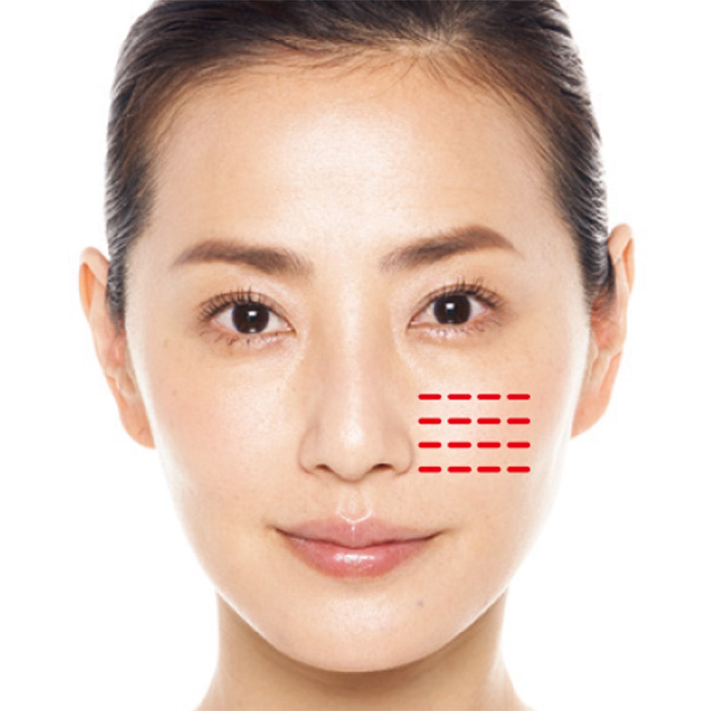 ほうれい線の始まりから頬骨の上まで、縦に4か所。さらに顔の内側から外側に少しずつずらしながら、4か所くらい行いましょう。外側のほうがより凝っているのでしっかり行ってください。