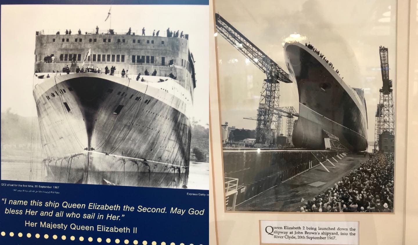 1967年9月20日の進水式の模様を写したモノクロ写真たち。「この船をクイーンエリザベス2世と命名する。この船とその乗客に神のご加護を」エリザベス女王2世