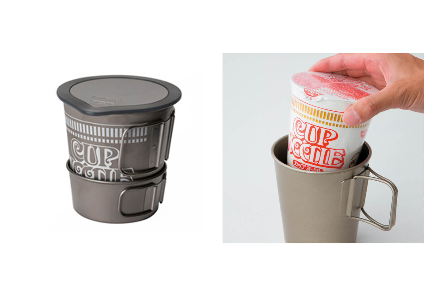 カップは本体とスタッキング可能(左)。本体にはカップヌードルやリフィルも収納できます(右)